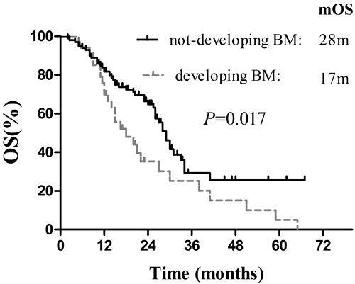 Comparison of the survival between patients with BM development and without BM development.