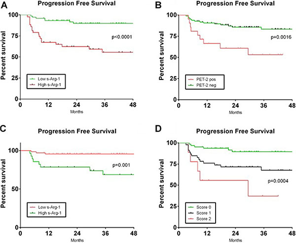 Progression free survival based on combination of PET-2 status and s-Arg-1 level.