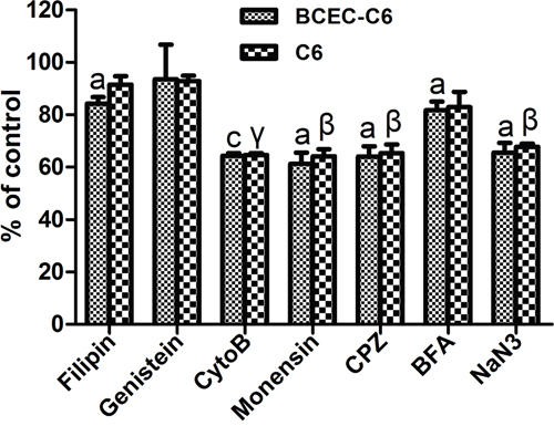 Effect of inhibitors on cellular uptake of MSN-DOX-PDA-NGR by BCEC-C6 and C6 cells.