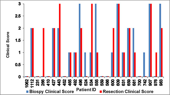 Variations in paired biopsy and resection clinical scores for 26 patients.