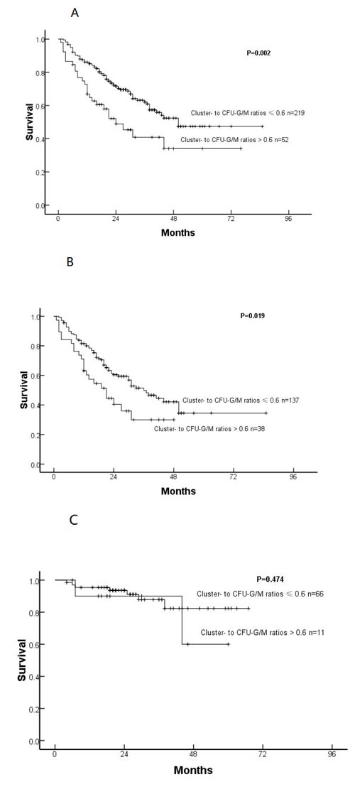 Overall survival in all subjects (A), IPSS-R higher-risk cohort (B) and IPSS-R lower-risk cohort (C) with cluster- to CFU-G/M ratios &#x2264;or &gt; 0.6