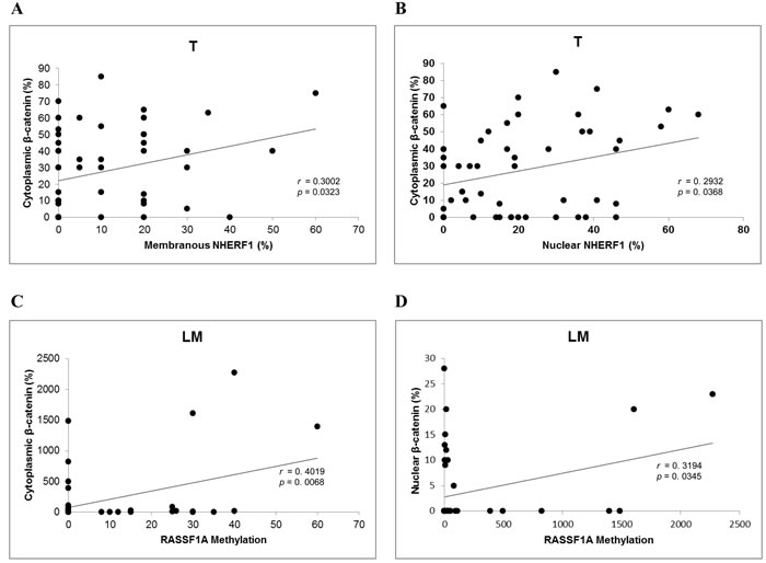 Correlation analysis among &#x3b2;-catenin, RASSF1A and NHERF1 in metastatic CRC.