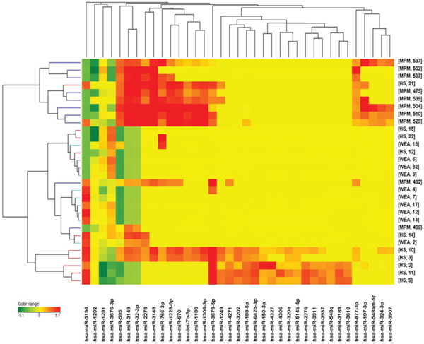 Cluster analysis of microRNA expression profiles in sera from MPM, WEA and HS cohorts.