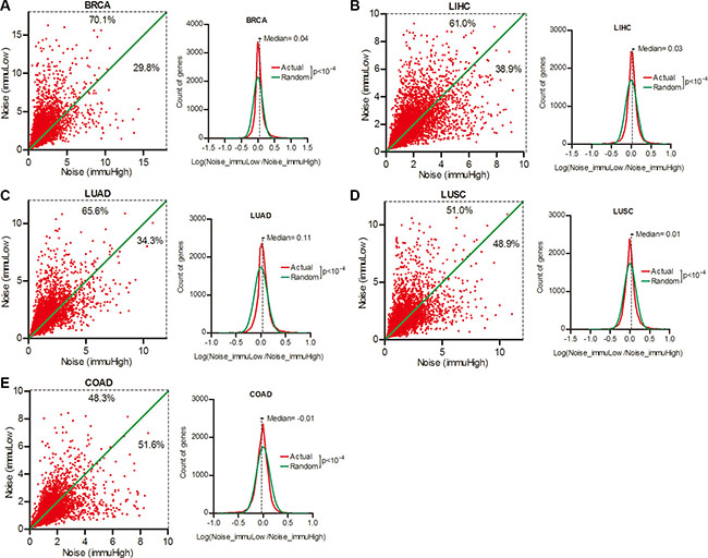 Gene expression noise was inversely correlated to local immune activity in cancers.