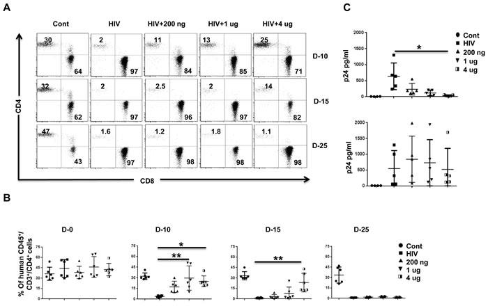 IFN-&#x3b1;2 (pegasys) treatment delays HIV disease progression in Hu-PBL mice.