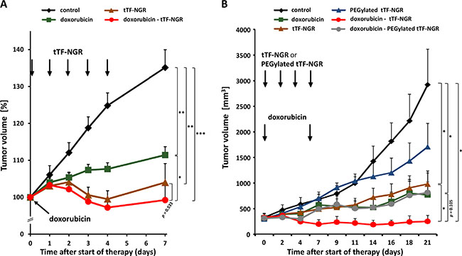 In vivo therapeutic activity against tumor xenografts of combinatorial application of doxorubicin - tTF-NGR or - TMS(PEG)12 tTF-NGR.