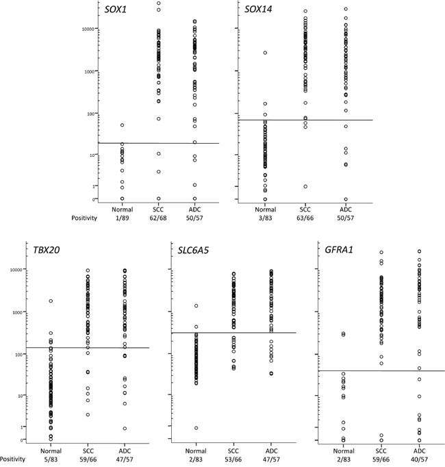 DNA methylation levels in normal and cancer scrapings determined by QMSP.