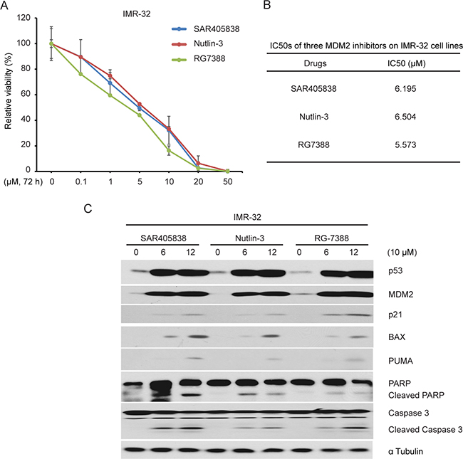 The effect of three MDM2 antagonists SAR405838, RG7388 and Nutlin-3 on the proliferation of a p53 WT NB cell line.