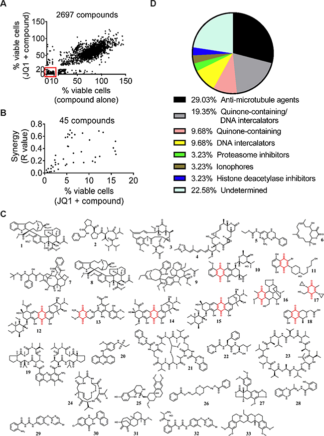 Small molecule library screen identifies two major groups of compounds that synergize with JQ1.