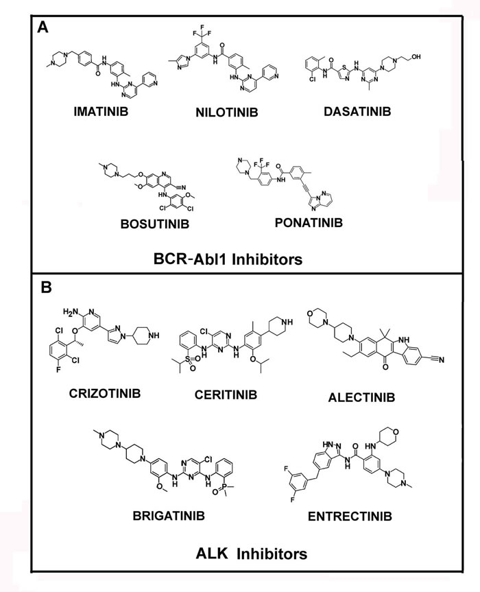 Structures of Bcr-Abl1 and ALK inhibitors.