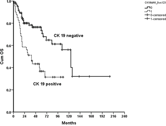 Kaplan Meier curve showing a statistically significantly improved OS for patients with negative compared to positive CK19 immunoreactivity of their tumors; p&#x003C;0.00.