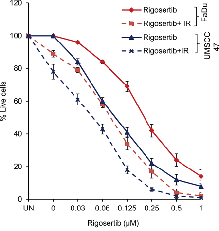 Rigosertib radiosensitizes both HPV (-) and HPV (+) HNSCC cell lines.