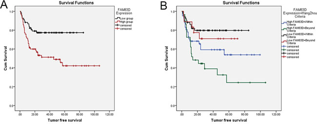 Kaplan-Meier&#x2019;s analysis disclosed that patients with high FAM83D expression developed more frequent HCC recurrence than low FAM83D expression A.