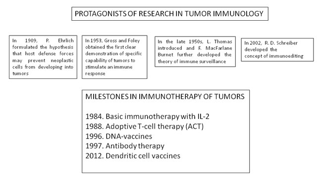 Time sheet of the protagonists of research in tumor immunology and of the milestones in immunotherapy of tumors.