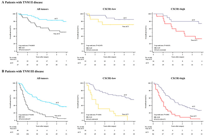 Relationship between CXCR1 expression and benefit from 5-FU based adjuvant chemotherapy (ACT).