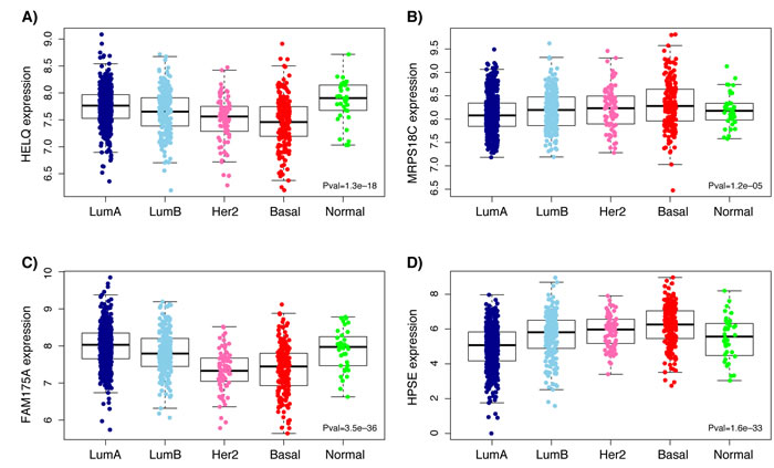 Boxplots representing expression levels of