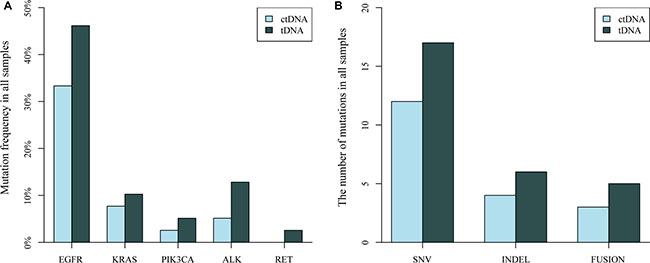 Comparison of the distribution of driver gene mutations identified in NSCLC tissue DNA (tDNA) and plasma DNA (ctDNA) samples.
