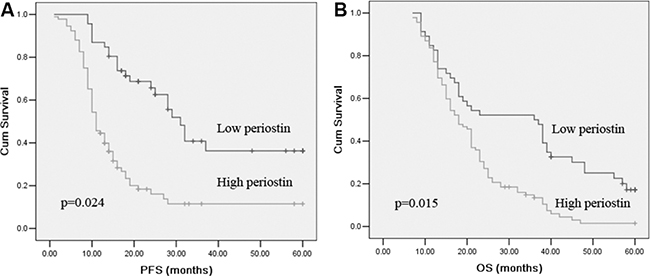 Kaplan&#x2013;Meier survival curves for PFS (A) and OS (B) in NSCLC patients with high- and low- serum periostin levels group.