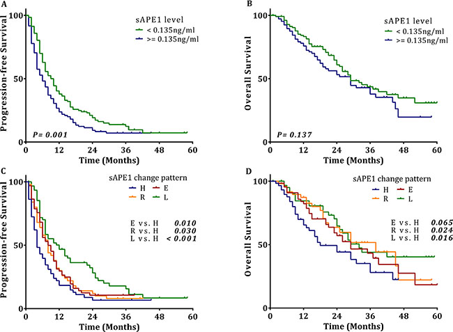 The associations of sAPE1 level and sAPE1 level change pattern with outcomes of NSCLC.