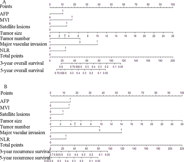 Nomograms to predict probability of 3- and 5-year over survival.