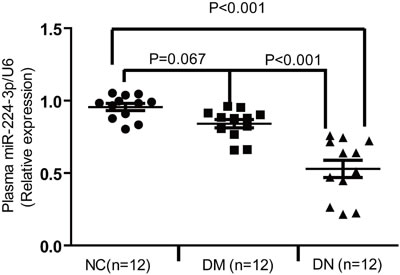 The plasma level of miR-224-3p was significantly decreased in DN patients.