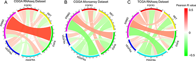Association between FGFR3 and other RTKs in in RNA-seq dataset and microarray dataset of CGGA, and RNA-seq dataset in TCGA.