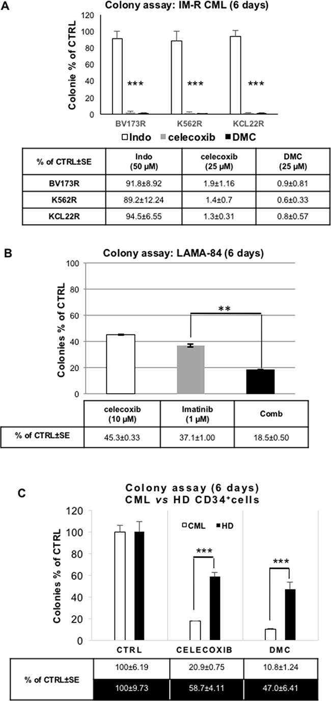 Effect of celecoxib, dimethyl-celecoxib, or the COX1/COX2 inhibitor indomethacin on colony formation of Ph&#x002B; CML cells and normal CD34&#x002B; progenitors.
