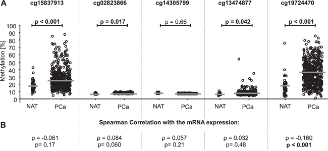 PD-L1 DNA methylation in normal adjacent tissue (NAT) compared to prostate cancer (PCa) tissue and correlation of PD-L1 methylation with mRNA expression in the training cohort.