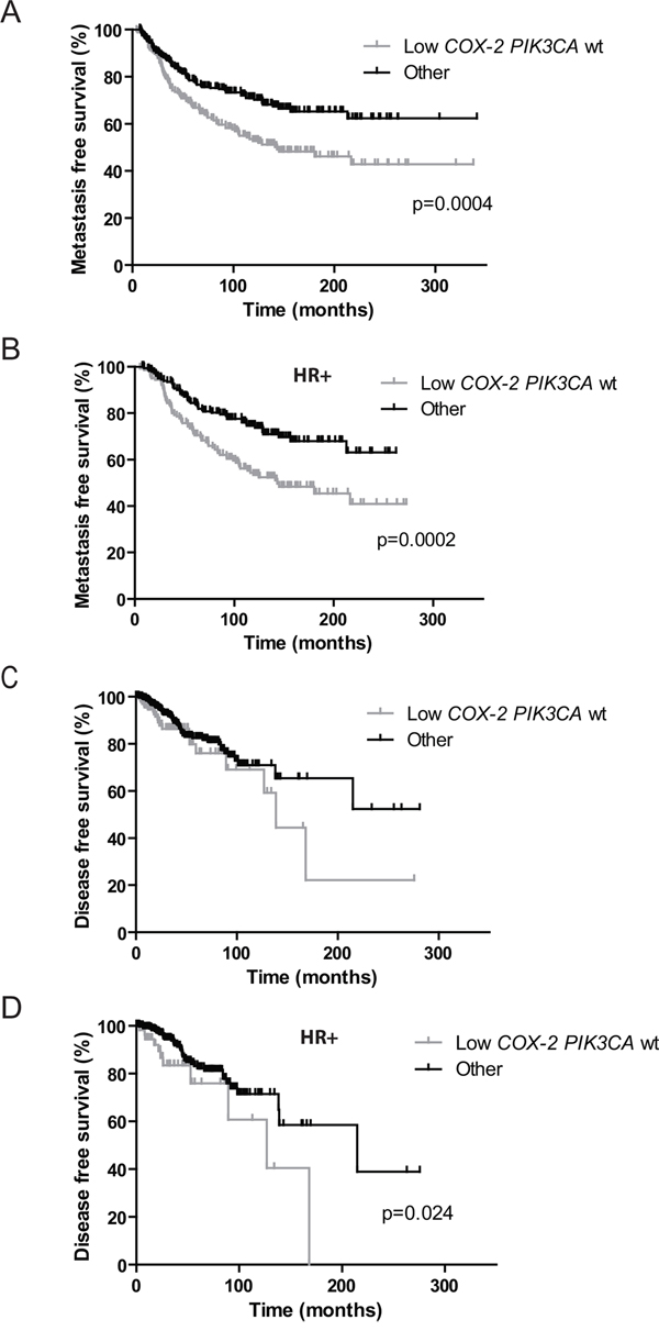 Prognostic value of low COX-2 mRNA expression and wild-type PIK3CA status versus other subgroups on patients&#x2019; metastasis and disease-free survival.