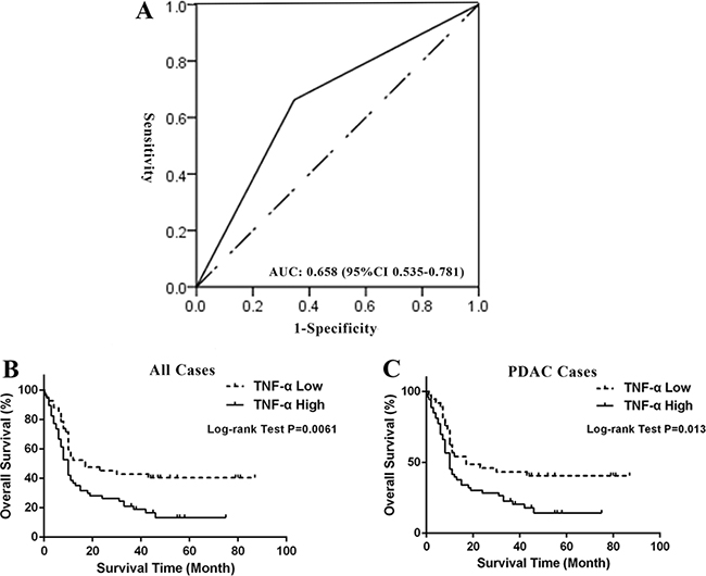 High expression of TNF-&#x03B1; predicted poor survival of PDAC patients.