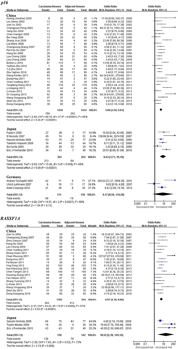 Forest plots of p16 and RASSF1A methylation between HCC tumor tissues and adjacent tissues in the meta-analysis.