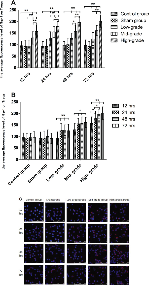 The grade- and time- dependent responses between sepsis and the expression of Nrp-1 on splenic CD4+CD25+Tregs.