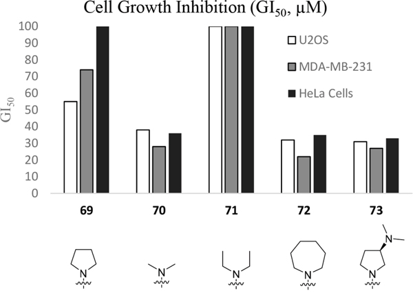 Growth inhibition (GI50) of selected cell-lines by enamines 69-73.