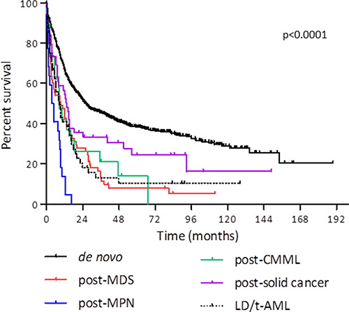 Overall survival after intensive chemotherapy according to AML type.