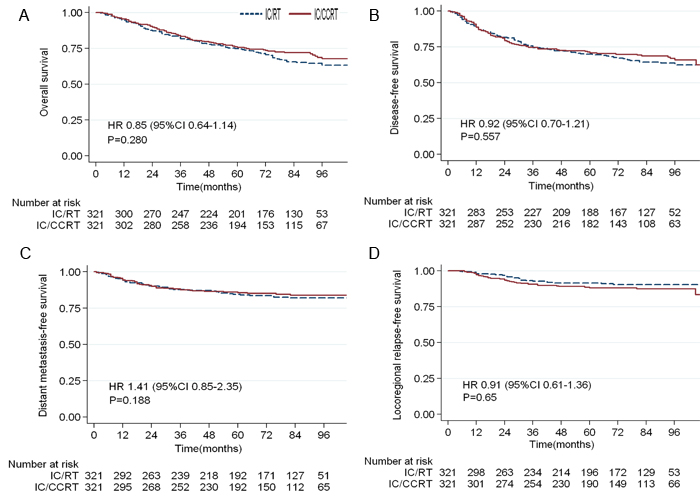 Kaplan-Meier survival curves for patients with locoregionally advanced nasopharyngeal carcinoma in the IC/CCRT and IC/RT arms.