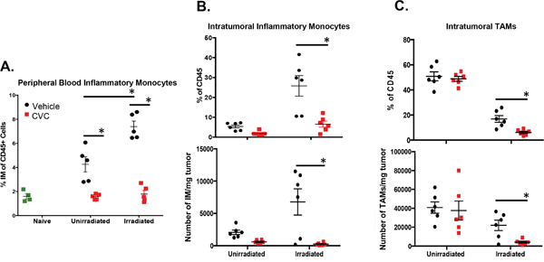 A CCR2/CCR5 small molecule antagonist (CVC) reverses the radiation-induced increase of IM in peripheral blood and tumor.