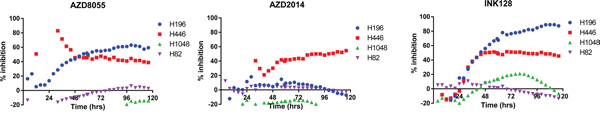 Comparison of growth inhibition produced by a submaximal dose of mTORC inhibitors among SCLC cell lines with RICTOR CNV.