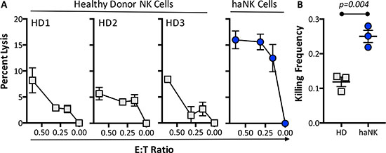 haNK cells have a higher killing frequency than healthy donor NK cells.