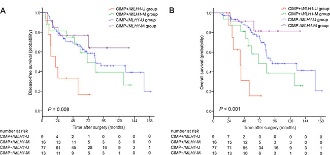 Kaplan-Meier survival estimates in stage II colorectal cancer patient groups classified by CIMP/MLH1 methylation status.