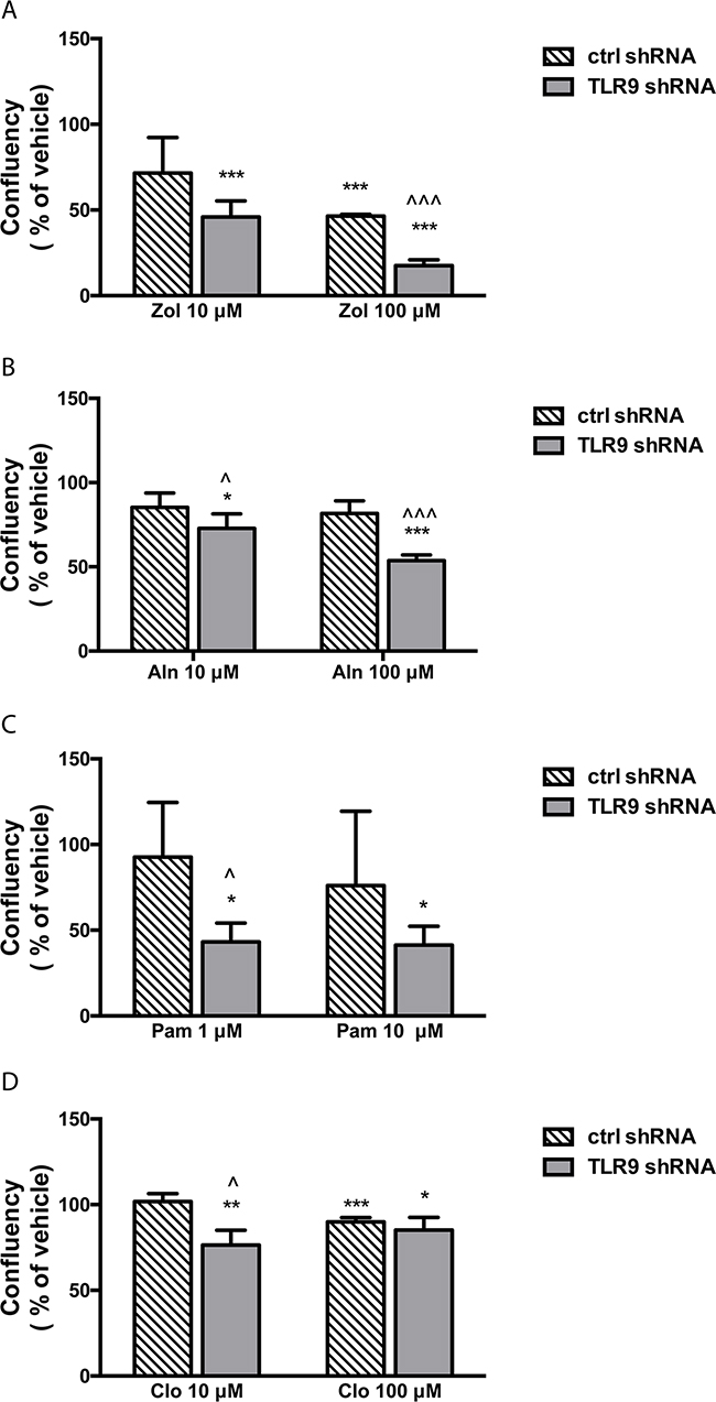TLR9 shRNA T47-D cells are more sensitive to the growth inhibitory effects of bisphosphonates than the corresponding control shRNA cells.