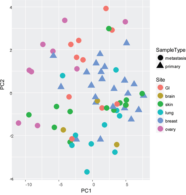 Principal Component Analysis (PCA) of most varying components (PC1 and PC2) between all primary tumors (n=23) and paired multiple distant metastases (n=46) of cohort 1, subjected to miRCURY microRNA expression array profiling.