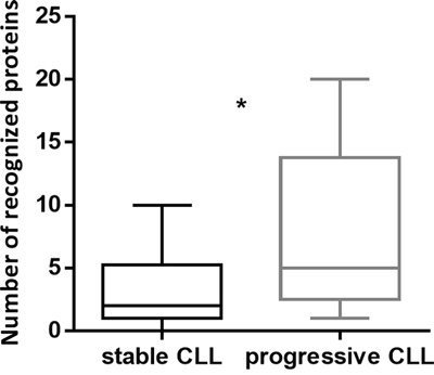 The number of recognized Ag was significantly higher in patients with progressive CLL than in patients with stable disease.