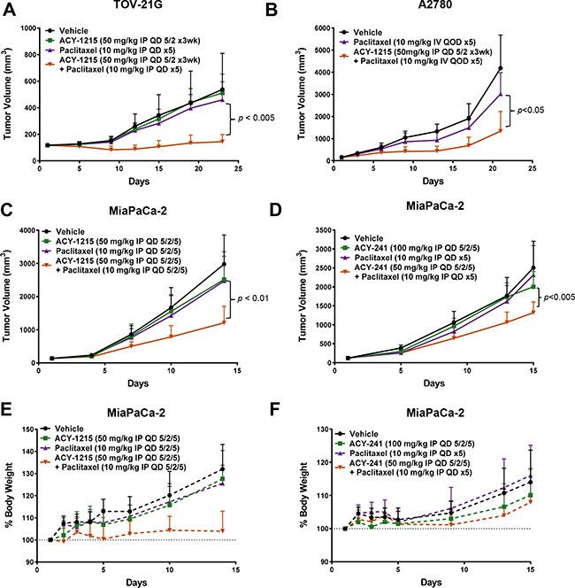 Combination treatment with HDAC6 inhibitors and paclitaxel reduced tumor xenograft growth.