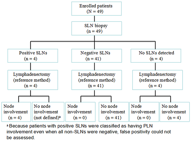 Outcome of sentinel lymph node biopsy in 49 patients with stage IB1 cervical cancer and tumors &#x003E;2 cm in size.