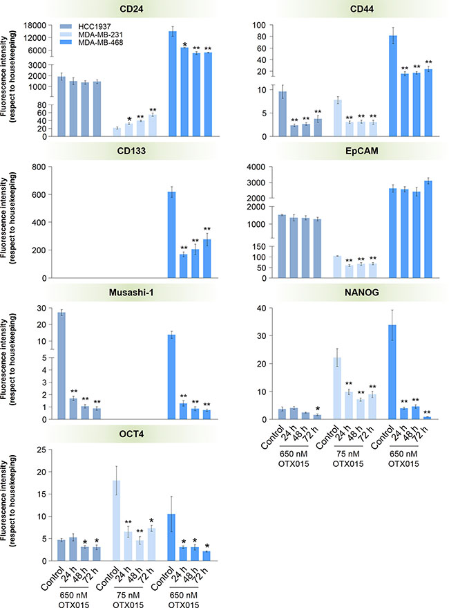 Effect of OTX015 on the expression of cancer stem cell markers in TNBC cell models.