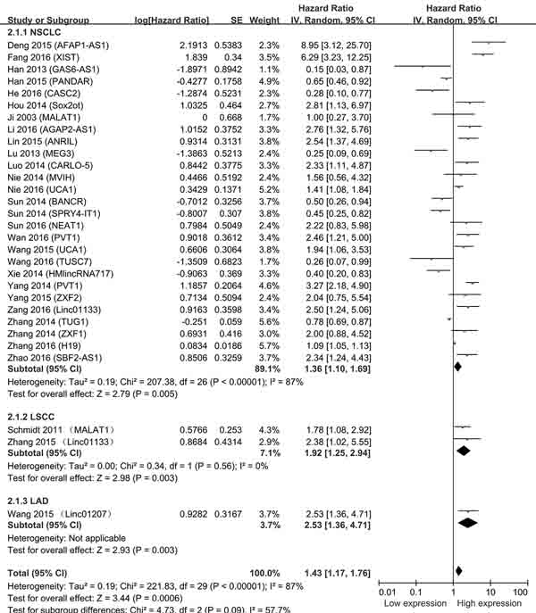 Forest plot of studies evaluating hazard ratios of lncRNAs expression and the overall survival in NSCLC.