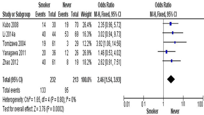The combining estimates of the odds from 5 studies containing 232 and 213 NSCLC with and without smoking history is 2.46 (95% CI, .54-3.93,