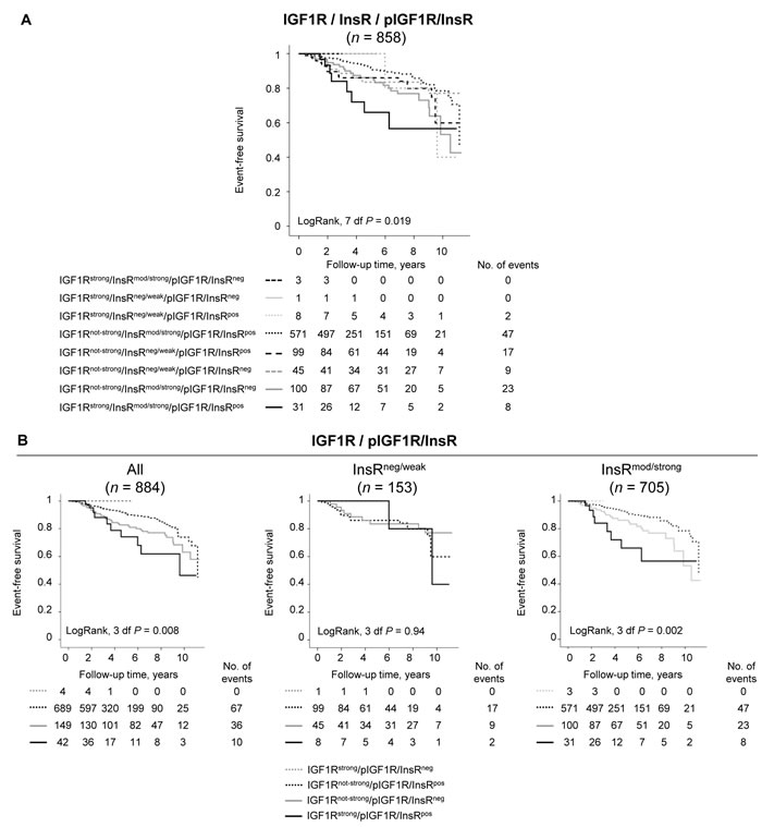 The prognostic value of various IGF1R, InsR and pIGF1R/InsR combinations.