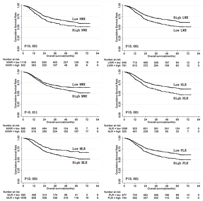 Overall survival of training set gastric cancer patients according to NLR, MLR, PLR, NWR, LWR, and MWR.