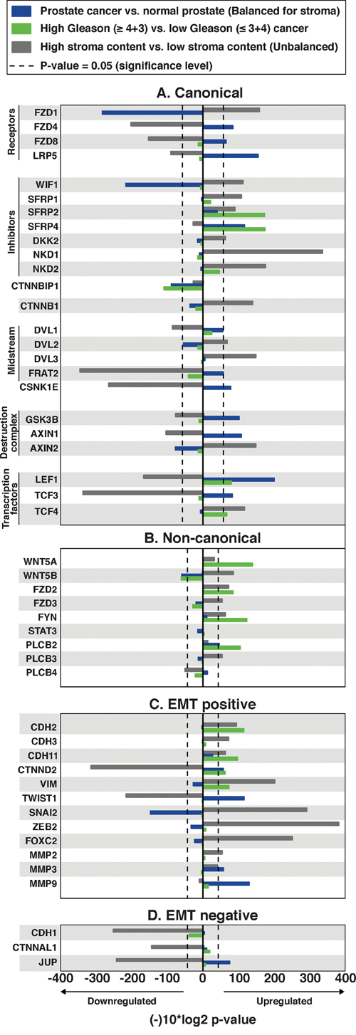 Alterations in central Wnt and EMT genes in prostate cancer compared with normal samples (balanced for stroma), high Gleason compared with low Gleason prostate cancer, and high stroma content compared with low stroma content (unbalanced) tissue samples.